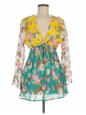 Bhags Boho M/L 100% Cotton Floral Tunic Long‎ Sheer Sleeve Yellow/Green Blouse
